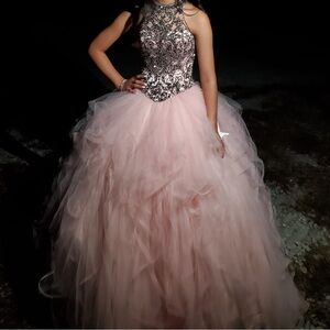 Mori Lee Pink and Silver Prom Dress